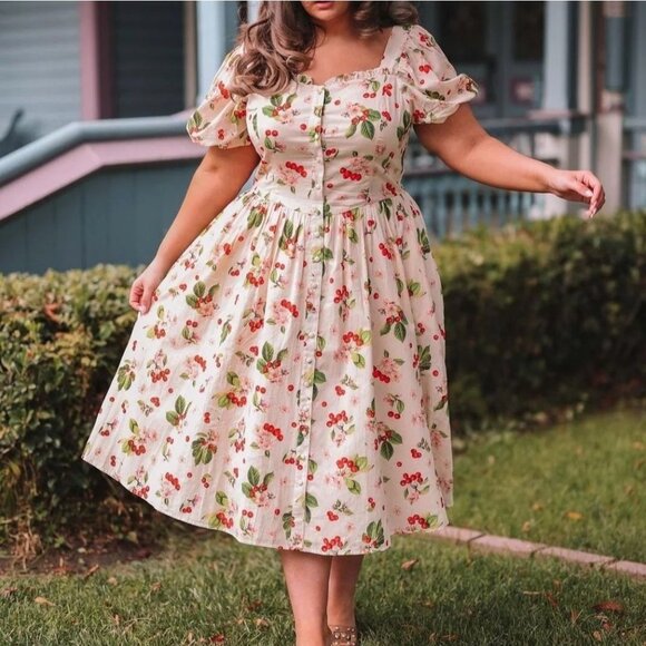 JessaKae Dresses & Skirts - JESSAKAE Orchard Cherry Blossom Cream Short Puff Sleeve Midi Dress Plus XXL